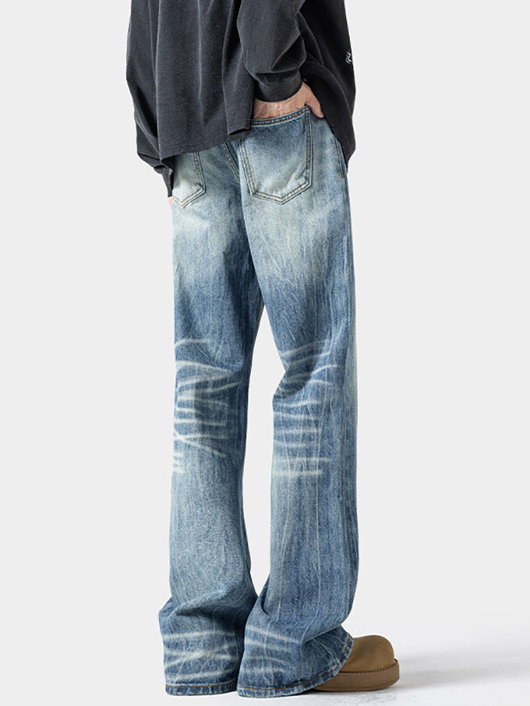 Lightning Pattern Slightly Pulled Jeans Men's 2026 Spring New American Retro Washed Large Size Loose Straight Trousers_voghion.com