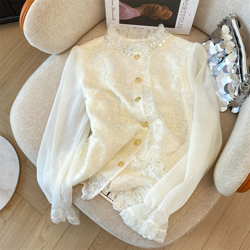 Simon Lena Sense Heavy Industry Glitter Sequins Embroidered Flower Shirt Women's Spring New Lace Base Shirt Top Trendy