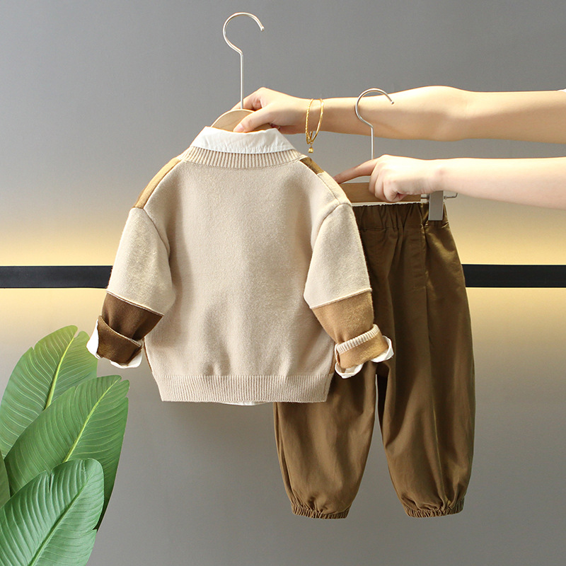 6287 Traje de primavera y otoño para niños 2025 nuevo estilo estilo occidental suéter de manga larga para niños traje de tres piezas bebé primavera y otoño versión coreana