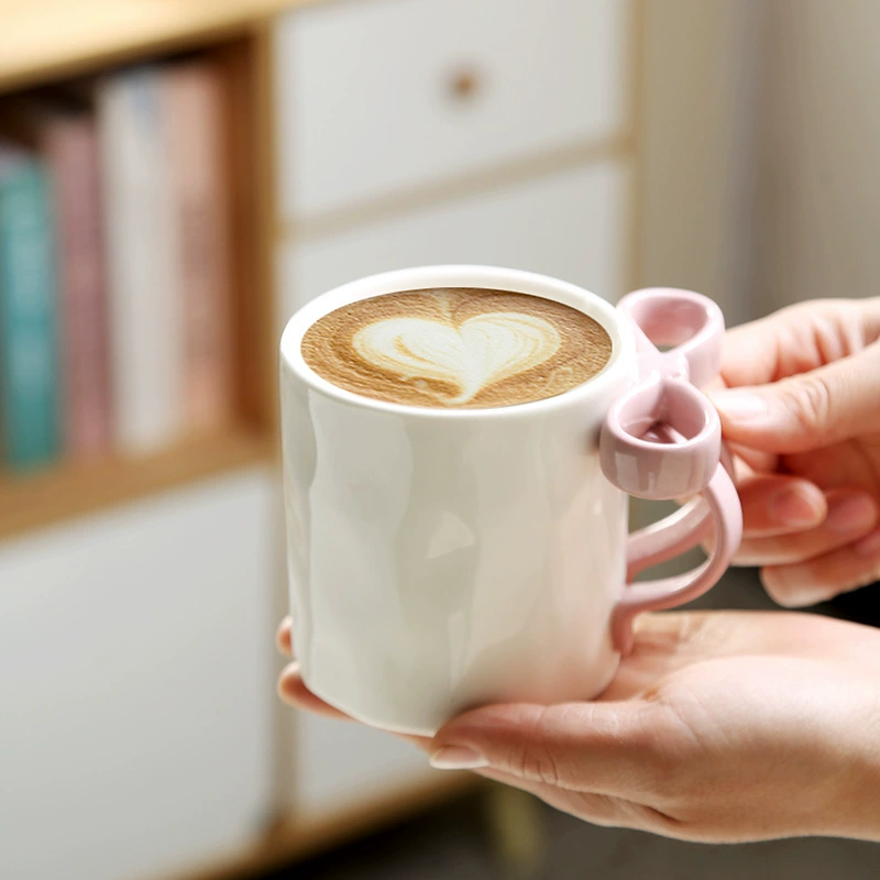 Mug (INS) Bow-Handle Creative Ceramic Cup, 400 ml, with Coaster — Bow / Kiln Finish