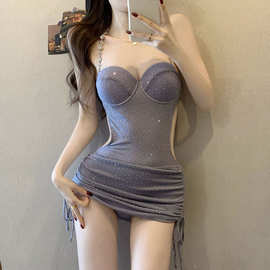 亮闪闪水钻高级感连体泳衣两件套包臀裙钢托聚拢性感露背泳衣纯欲