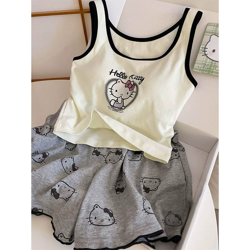 Пижамный набор: топ с чашками и шорты, принт Hello Kitty, модал и «ледяной» шёлк