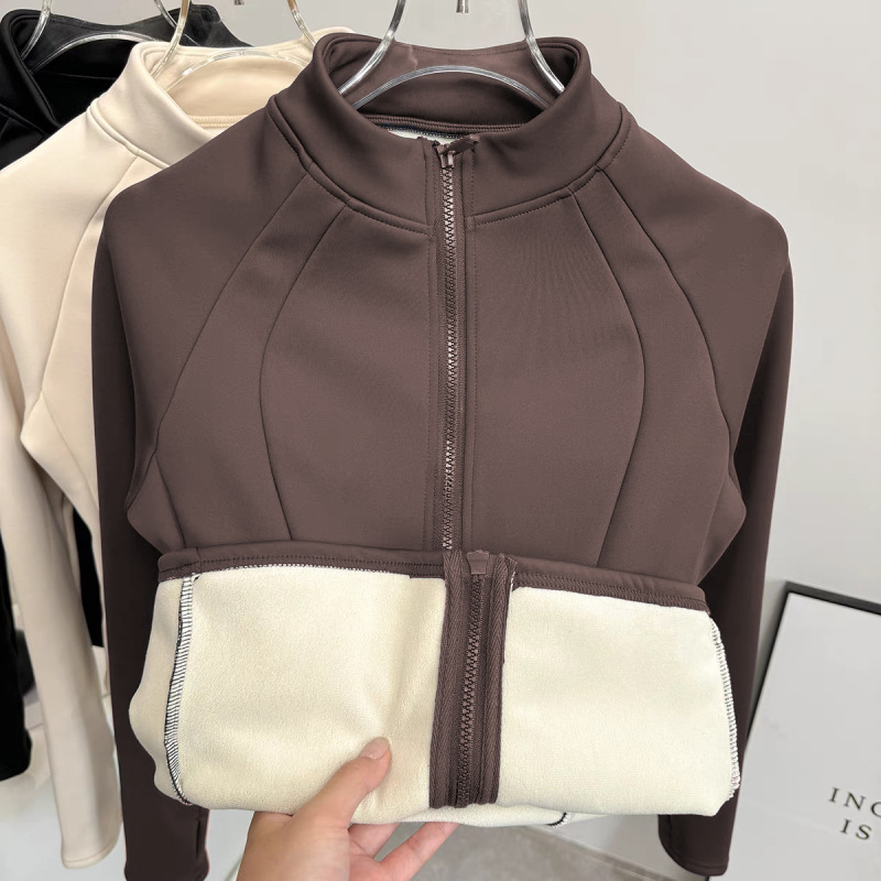 Distilled coffee thickened velvet double zipper jacket