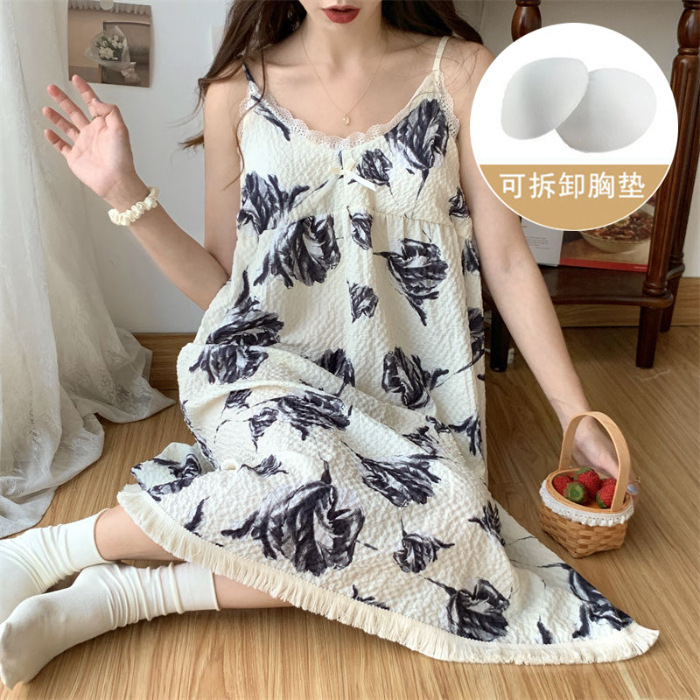 Pijama de verano de mujer dulce colgante cojín de pecho de algodón tejido sexy burbuja tela arrugada bordilla pijama de mujer lindo vestido