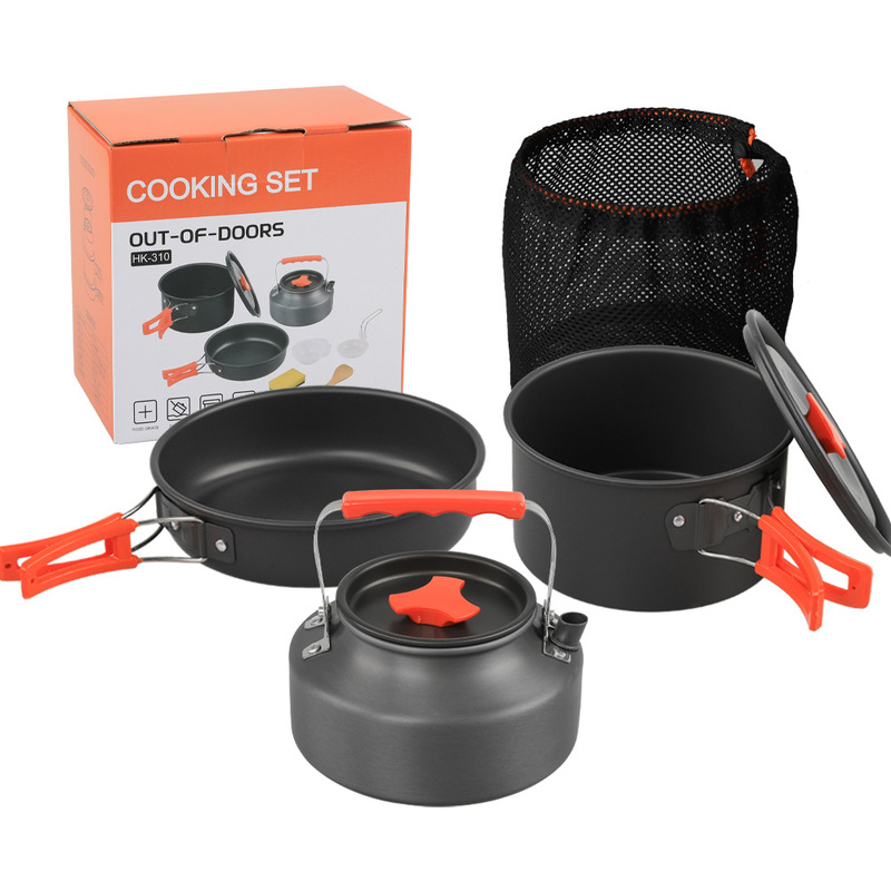 Cross-Border Outdoor Camping Pot Hk310 Set of Pots for 2-3 People Portable Picnic Pot and Teapot Combination