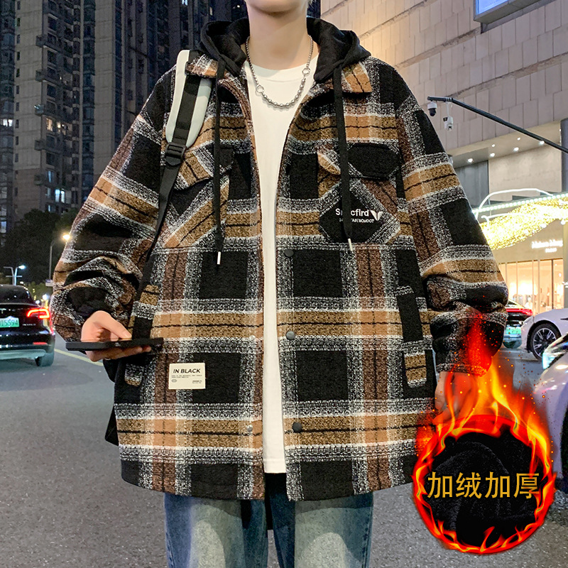 Winter Woolen Jacket Men's 2024 New Student Loose Handsome Hooded Plaid fleece-lined Thickened Woolen Jacket