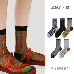 文藝復興玻璃絲襪子女夏季薄款中筒襪復古小花夏天透氣水晶卡絲襪