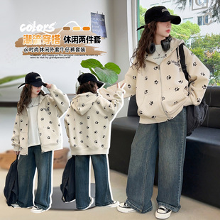 Girls' Dog Claw Hooded Sweat Jeans Two-Piece Set for Autumn 2024 Middle and Big Children's New Fashionable Cool suit Foreign Trade