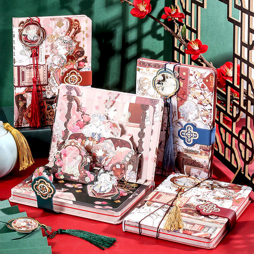 A 10-Flower Brocade Jade-like National Style Magnetic Closure Notebook with 3D Retro Color Pages, Notebook for Girls' Hearts, Diary Book
