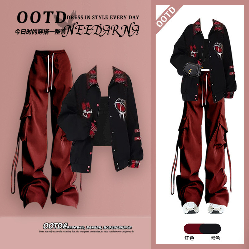 American-Style Baseball Jacket for Women, Trendy for Spring and Autumn, Popular Ootd Outfit, Stylish and Cool Red Suit with Cargo Pants