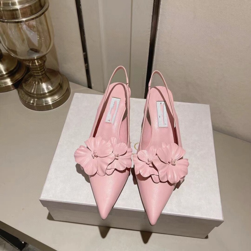 2024 Early Spring New Flower Fairy Romantic Orchid Pointed Toe High Heel Sandals French High-Quality Genuine Leather Small Heel Women's Shoes
