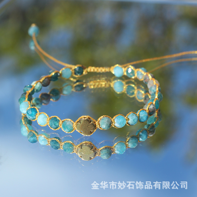 跨境切面天然石蓝磷灰手链波西米亚金线编织串珠精致时尚女士手串