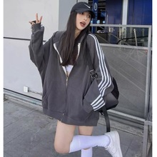 深灰色连帽拉链卫衣外套女加绒宽松bf慵懒风vintage中长款上衣潮