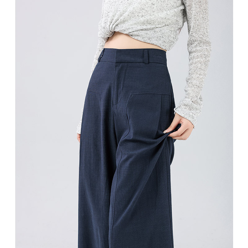 Navy Blue Linen Suit Pants for Women 2025 Early Autumn New Loose Slim Cotton and Linen Casual Straight Wide Leg Pants