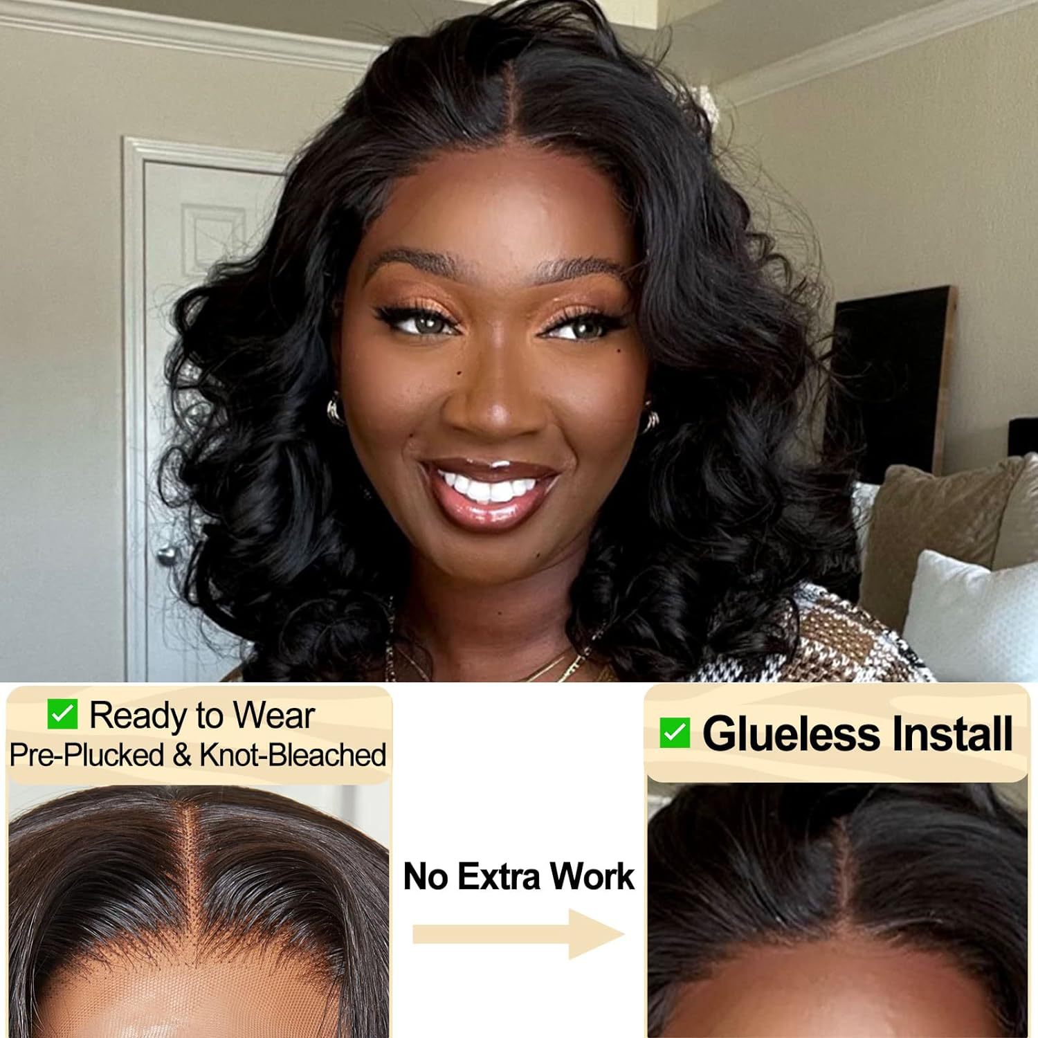 Amazon Peluca de las mujeres europeas y americanas del frente del cordón peluca negro medio corto Pelo Rizado onda grande fibra química sombrerería