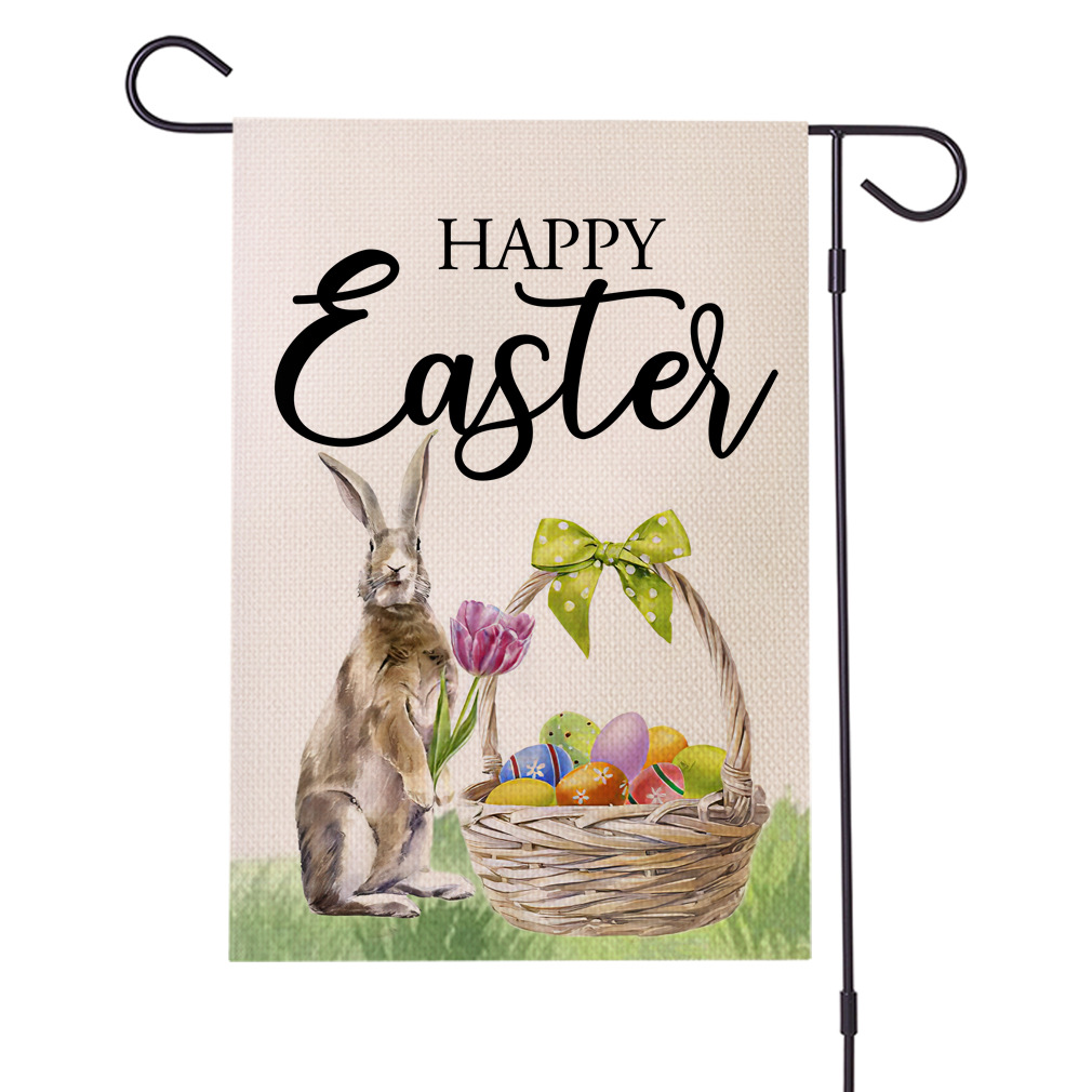 跨境复活节兔子彩蛋图案亚麻花园旗双面印刷旗子庭院装饰吊旗厂家