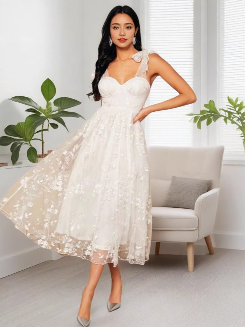 2026 nouveau produit AliExpress européen et américain blanc brodé maille jupe mi-longue jarretelle petite robe de mariée bustier tubulaire belle robe de soirée