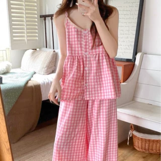 韩国ins女士夏韩版甜美小清新格纹吊带外穿家居服短裤套装长裤套