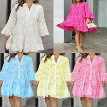 现货2025欧美跨境春夏季亚马逊纯色V领宽松刺绣镂空蕾丝连衣裙