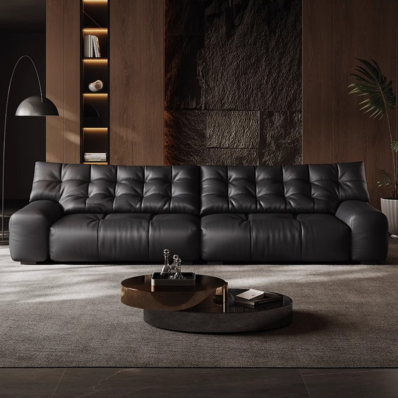 Sofá de oso negro italiano minimalista sofá de cuero de vaca, sala de estar sofá de línea recta diseñador de sofá negro