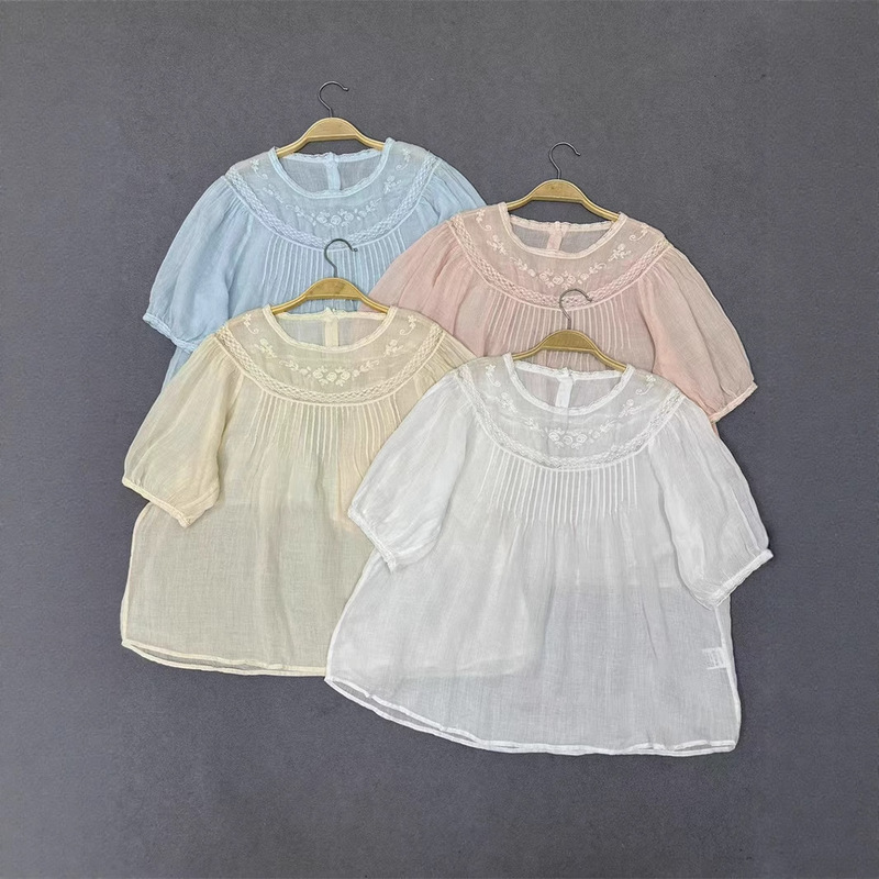 Summer 100 Ramie Round Neck Embroidered Pleated Shirt + Lace Lined Skirt Suit Summer 100 Ramie Round Neck Embroidered Pleated Shirt + Lace Lined Skirt Suit