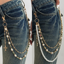 欧美跨境饰品 时尚创意彩色镶钻小花牛仔挂饰 高级感十字珍珠裤链