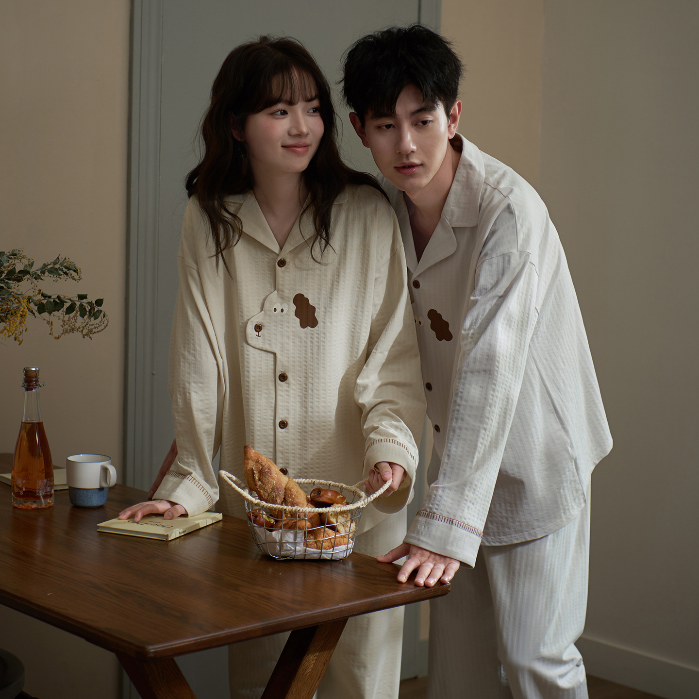 Couple Pajamas Women's Spring and Autumn New Cute Puppy Cotton Long Sleeve Men's Can Be Worn Outside Homewear