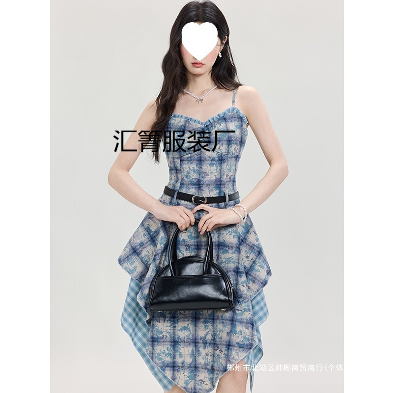跨境美式蓝色扎染格子吊带连衣裙女夏季新气质规则中长裙子