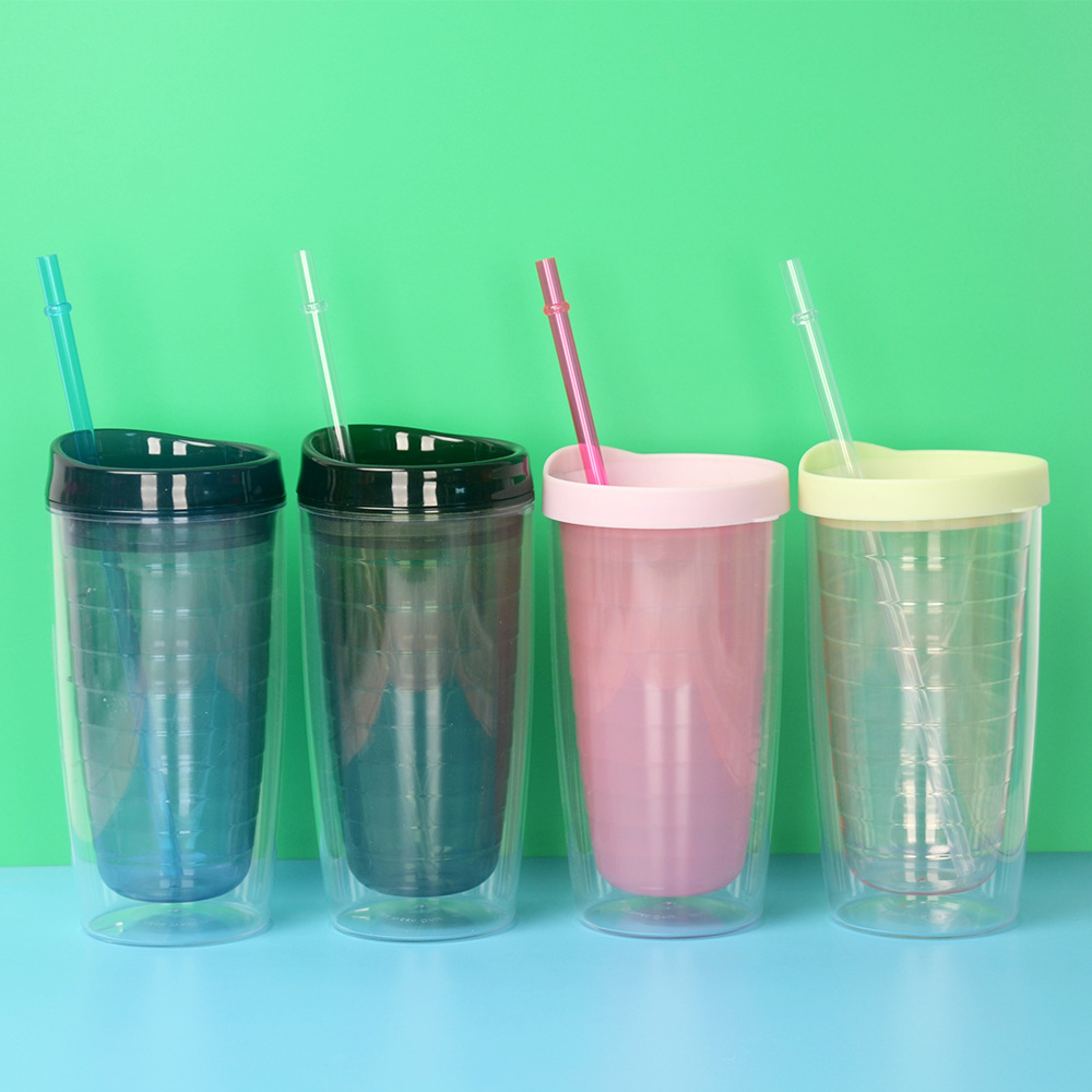 跨境450ml/15ozAS/PS双层塑料吸管水杯变色内胆汽车杯礼品杯子