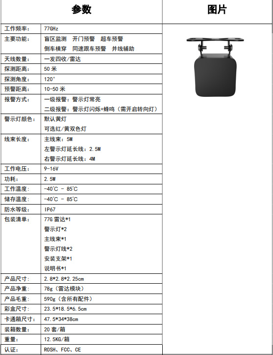 Car Millimeter Wave Radar 77G24G Blind Spot Monitoring Lane Change and Lane Merging Assistance Rearview Mirror Door Opening Warning Sensor