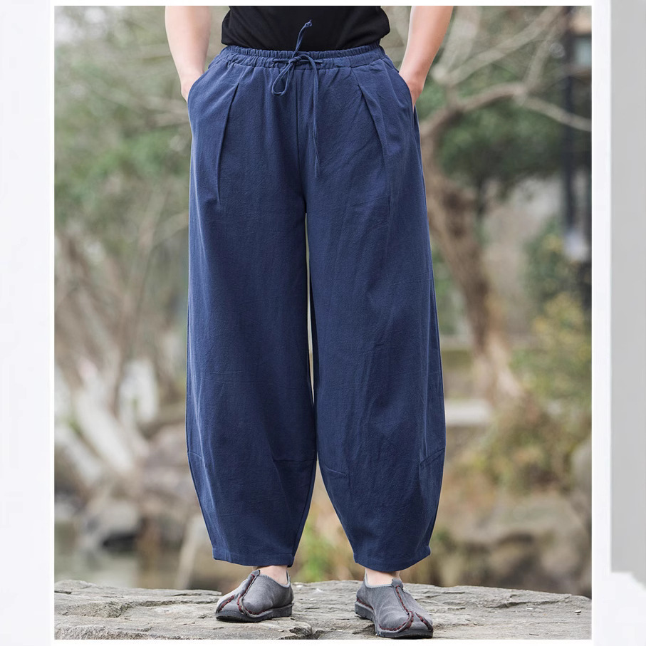 Pantalones casuales de lino de estilo chino de primavera y verano para hombres Pantalones anchos de talla grande de traje Tang de estilo retro de algodón y lino