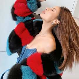 阿雅家2022新款撞色狐狸毛皮草皮毛一体大衣女短款夹克毛毛外套冬