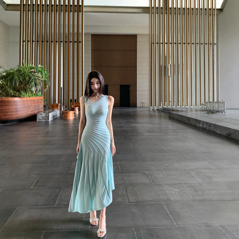 Barb Chill "Gallery Viewing" French-Style Sleeveless Long Dress for Women, Summer Outing Knit Dress Barb Chill "Gallery Viewing" French-Style Sleeveless Long Dress for Women, Summer Outing Knit Dress