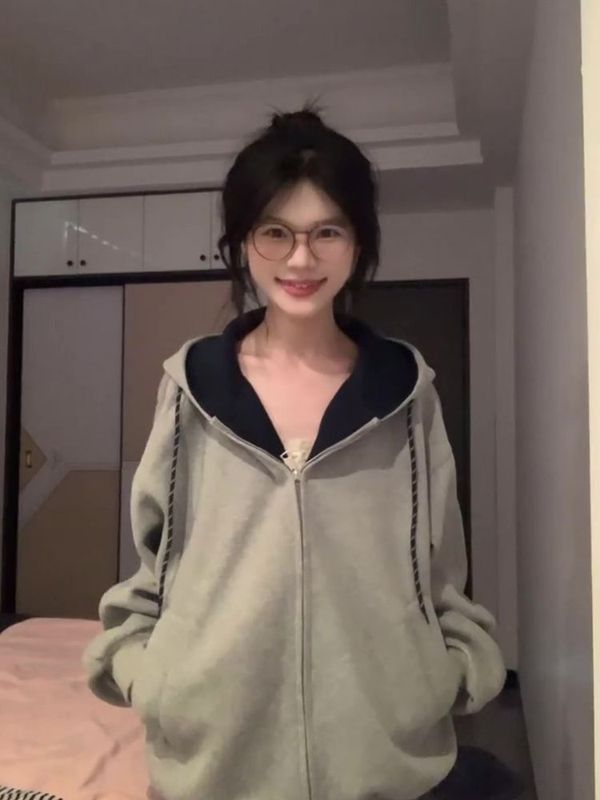 韩系慵懒灰色连帽卫衣开衫外套女春秋季2025新款基础通勤显瘦上衣|undefined