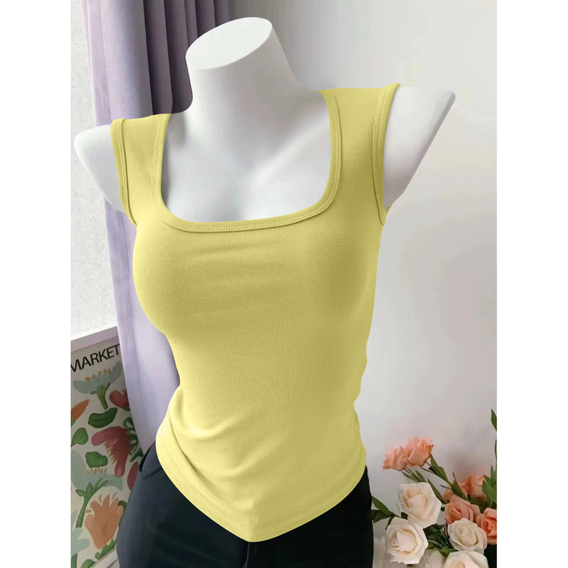 Solid Color Ribbed Camisole, Niche 2025 New Summer Style, Outerwear That Covers Side Breasts, Wide Shoulder Straps, Square Neckline Solid Color Ribbed Camisole, Niche 2025 New Summer Style, Outerwear That Covers Side Breasts, Wide Shoulder Straps, Square Neckline