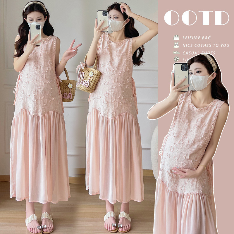 Real Shot of Ready-Made Maternity Wear 2025 New Summer Style Pink Beautiful and Gentle Style Dress