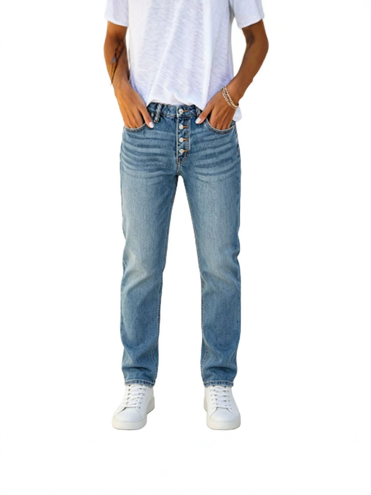 Jeans Rectos de Tiro Alto para Mujer, Mezclilla de Algodón, Sin Elasticidad, para Uso Casual