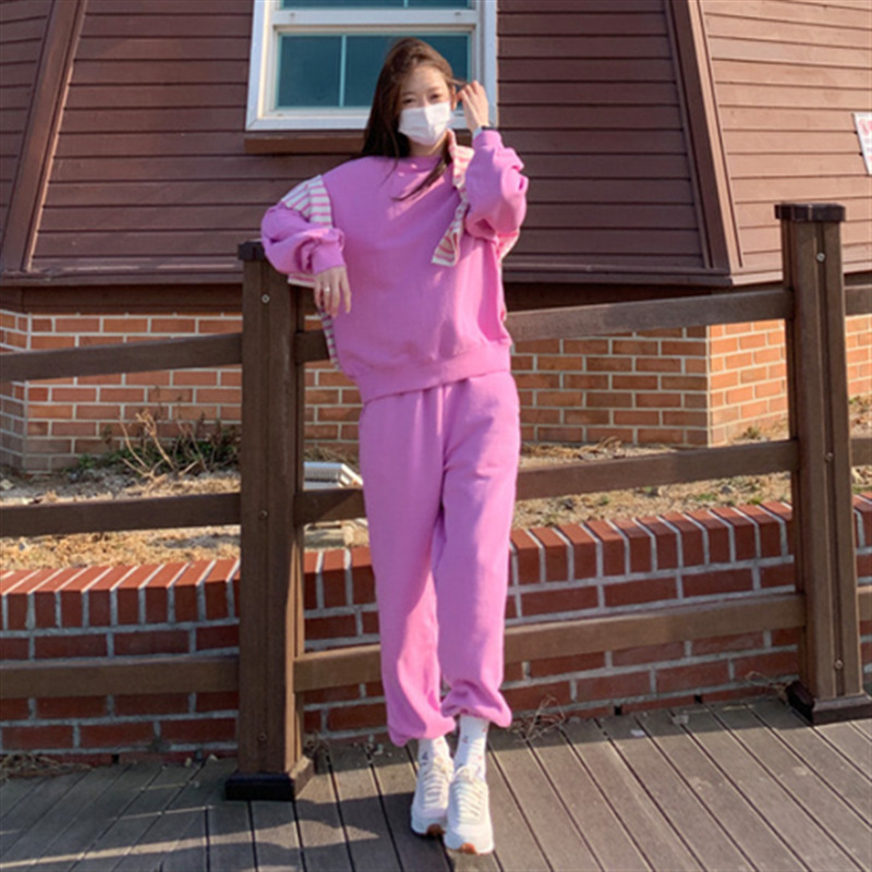 2026 Spring and Autumn New Korean Style Age-Reducing Versatile Solid Color Sweatshirt and Sweatpants Two-Piece Set Fashionable Casual Sports Suit for Women