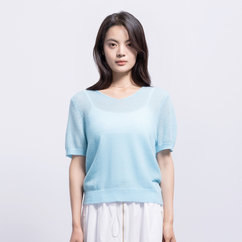 Northern Deer Spring Day Sequoia Herbalife Alpaca Wool Soft and Plaid Spring and Summer V Neck Thin Knitted Short Sleeve 2583