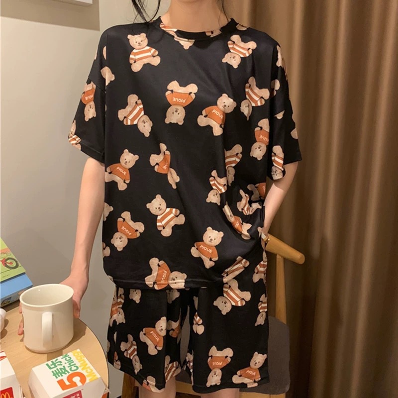 Pijamas de oso de dibujos animados de manga corta de verano para mujeres estudiantes lindo cuello redondo verano Delgado dulce casual traje de desgaste para el hogar