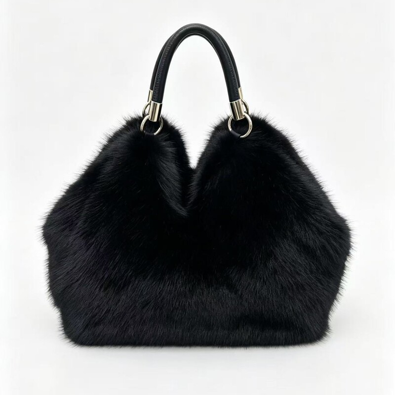 Caramel Autumn Velvet Luxury Handbag, Plush Bag, Fur Bag, Fashionable and Versatile