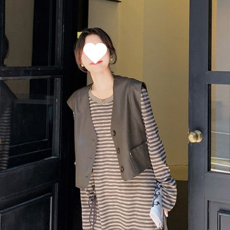 时尚皮马甲条纹长袖连衣裙两件套女2025秋新款今年流行显瘦套装|undefined