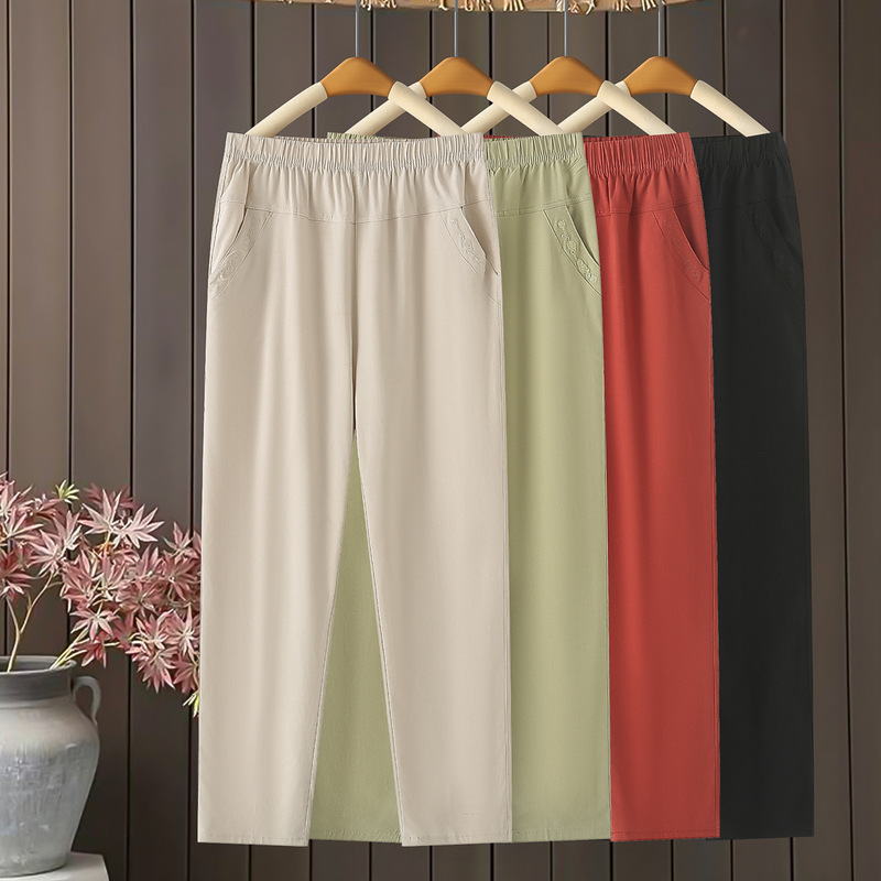 Mom's Summer Loose Straight-Leg Pants for Middle-Aged and Elderly Women, Grandma's Summer Thin Elastic High-Waisted Casual Pants
