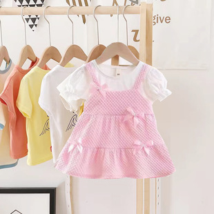 2025 summer new girls cotton fake two-piece dress Korean children's short-sleeved dress cartoon dress