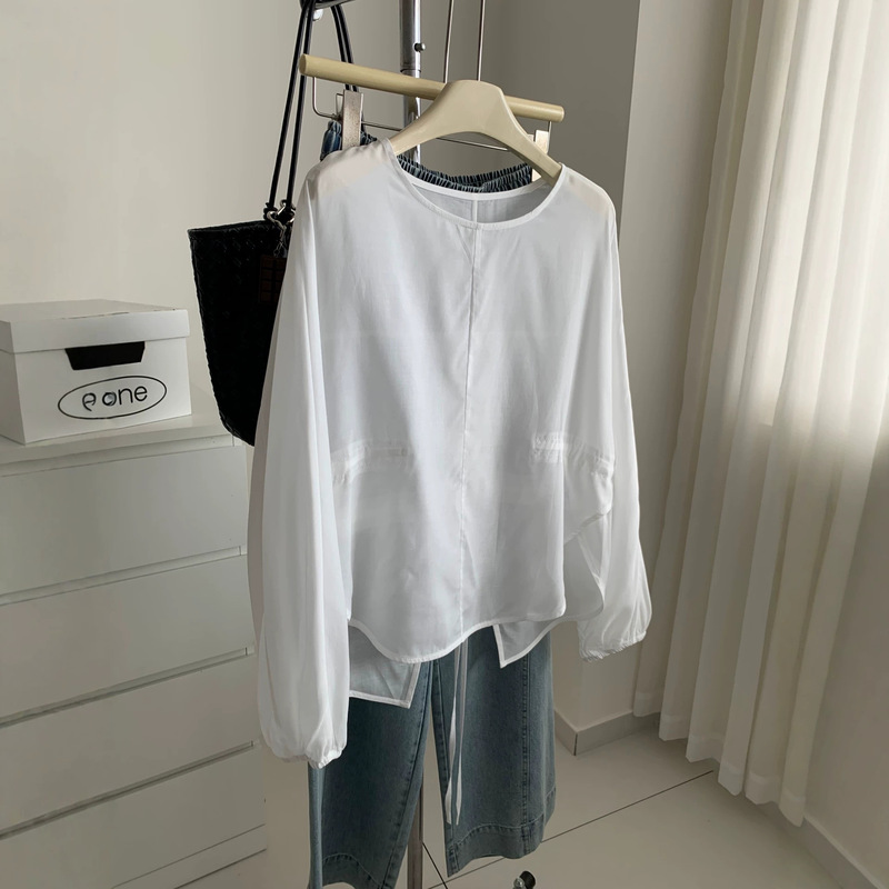 Lightweight and breathable Tencel linen pullover tie-neck sun protection blouse for women, 2026 summer thin lantern sleeve shirt Lightweight and breathable Tencel linen pullover tie-neck sun protection blouse for women, 2026 summer thin lantern sleeve shirt