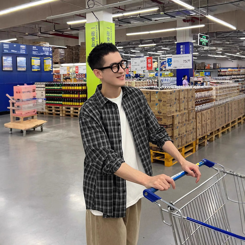 Korean style black checkered long-sleeved shirt men's spring and autumn fashion brand high-end lazy style casual loose shirt coat 