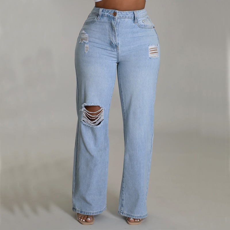 Women's Ripped Jeans Straight-leg Pants