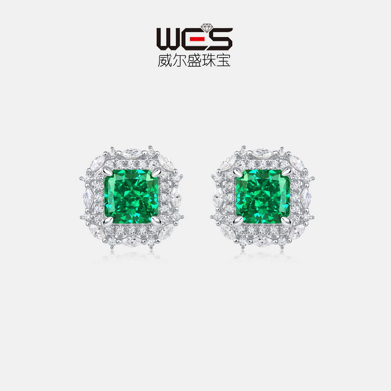 Willsheng, especializada en productos transfronterizos, ofrece pendientes de plata S925 con corte de flor de hielo y diamantes de alto contenido de carbono, pendientes de color verde esmeralda, productos transfronterizos europeos y americanos de moda.