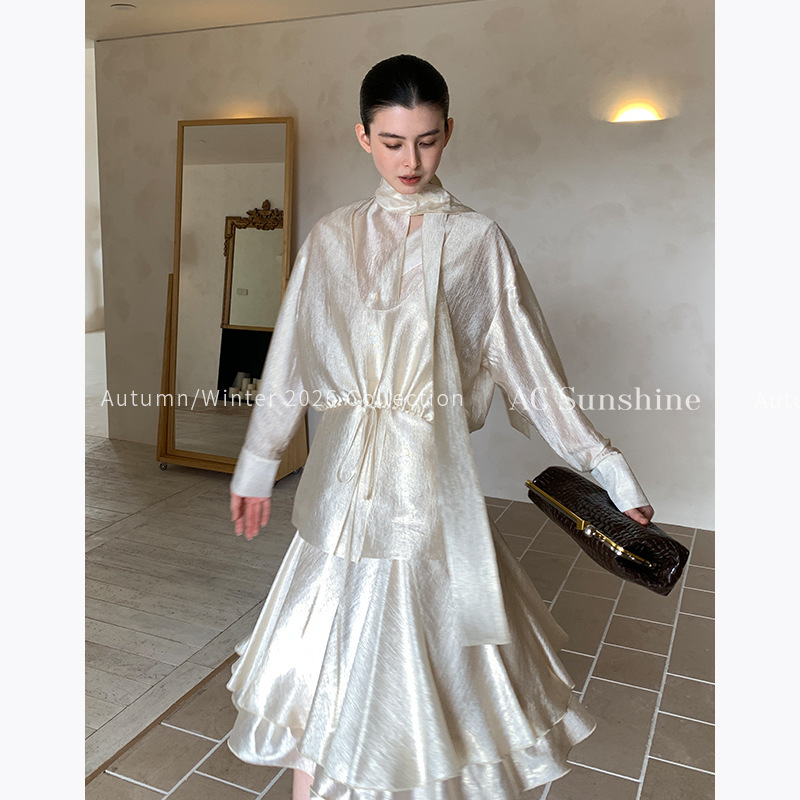 AC SUNSHINE light social style acetate textured loose H-line two-piece set with ribbon pullover shirt for women 20083