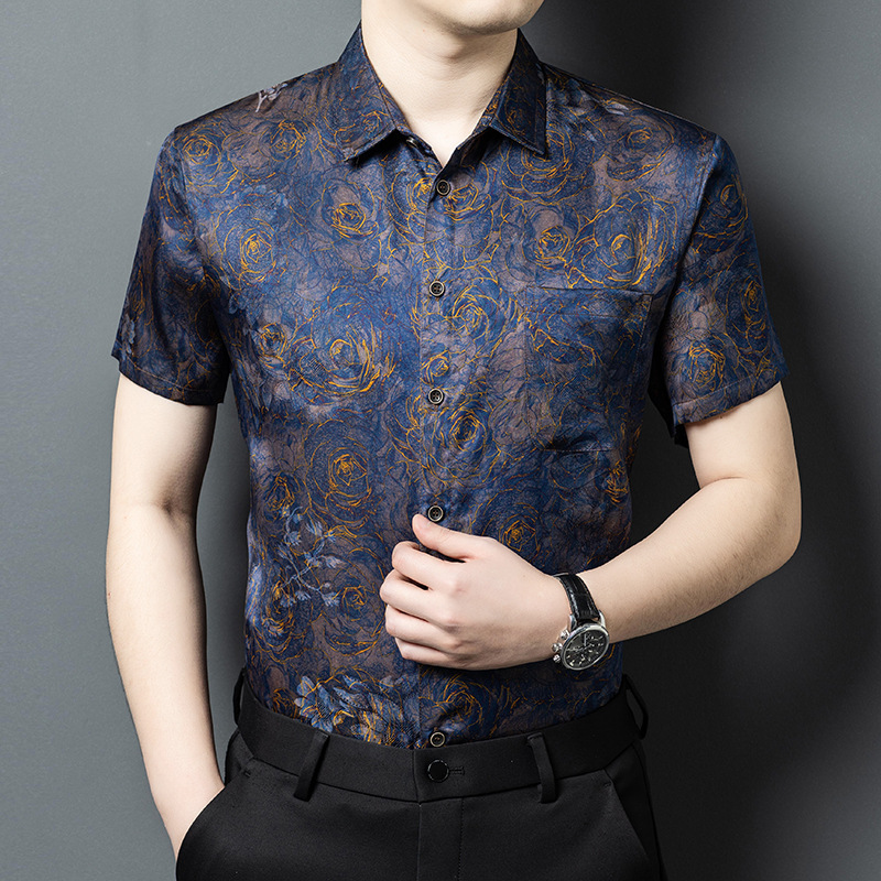 Áo sơ mi nam lụa tơ tằm Xiangyunsha 100% dâu tằm tay ngắn cao cấp — Jinlan 25166